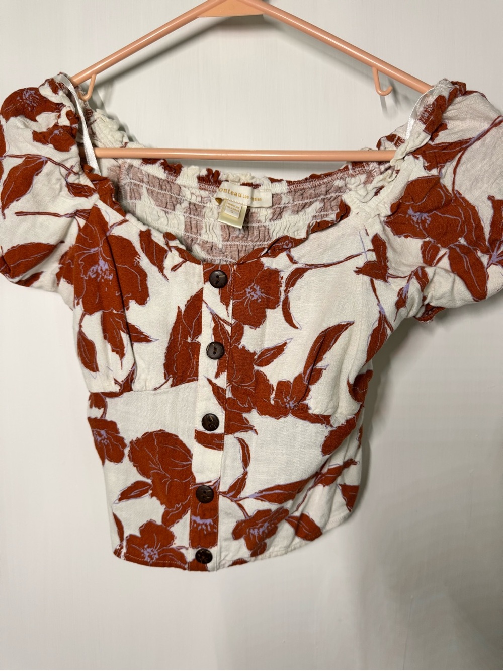 Monteau Cream and Rust Floral Button-Front Puff Sleeve Crop Top